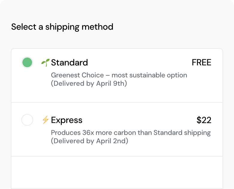Checkout shipping method selection showing Standard Greenest Choice option selected